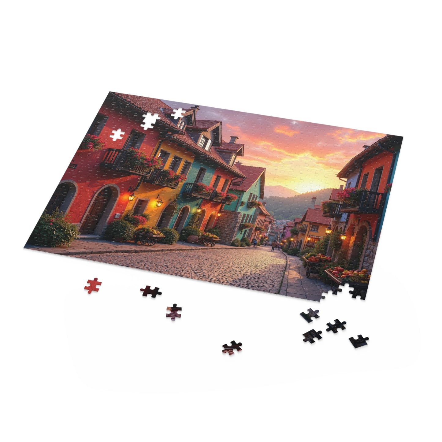Custom Puzzle – Vibrant European Village at Sunset (120, 252, 500-Piece)